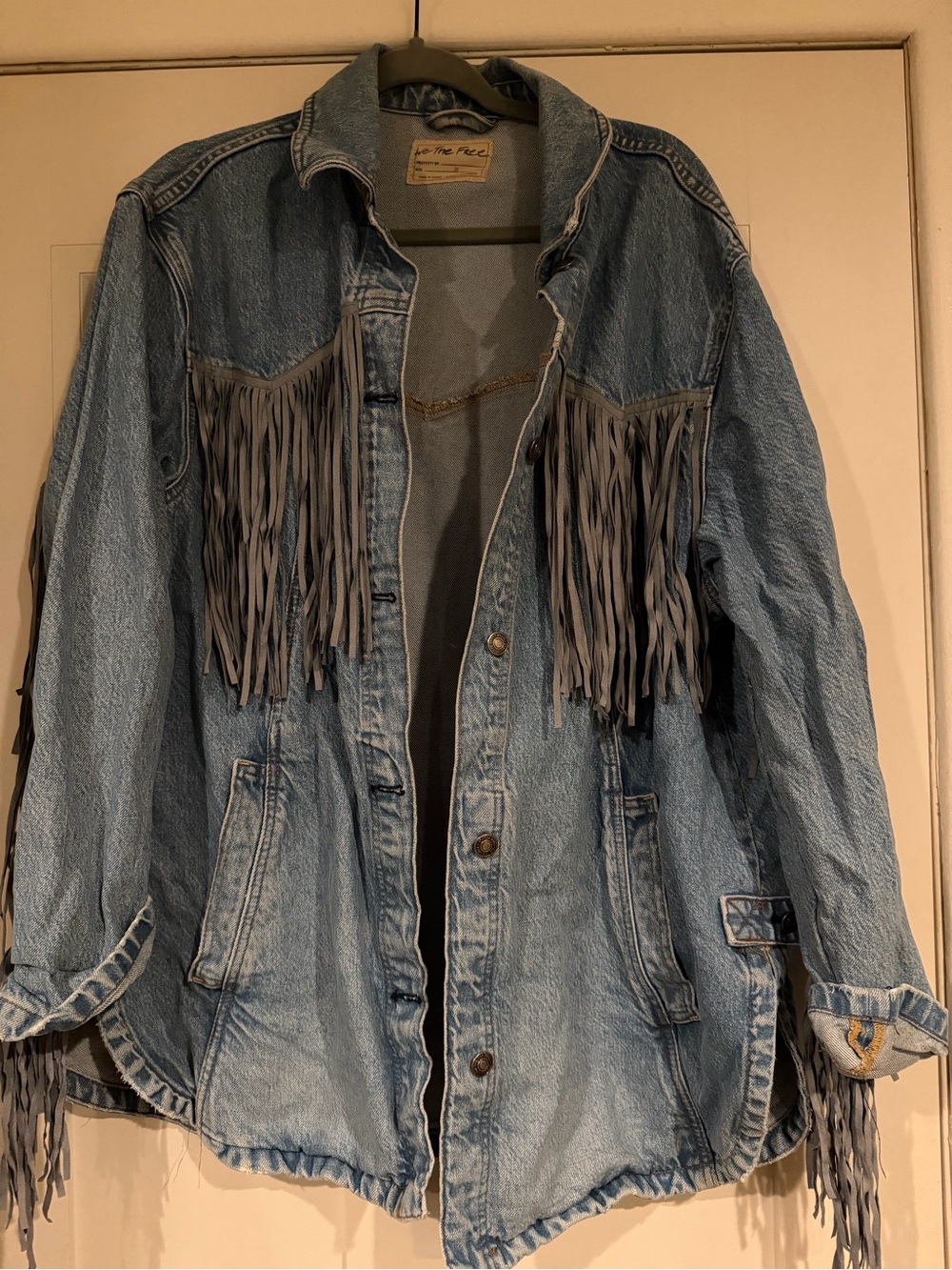 We The Free Light Denim Jean Jacket with Gray Fringe Accents